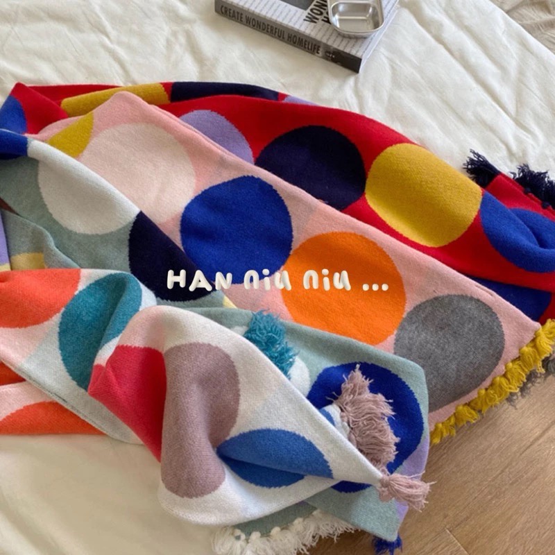 ʜᴀɴɴɪᴜ☺︎︎聖誕交換禮物🎁日系風🟠波點拼色圖騰 保暖針織圍巾/保暖圍脖/造型圍巾 19015-細節圖5
