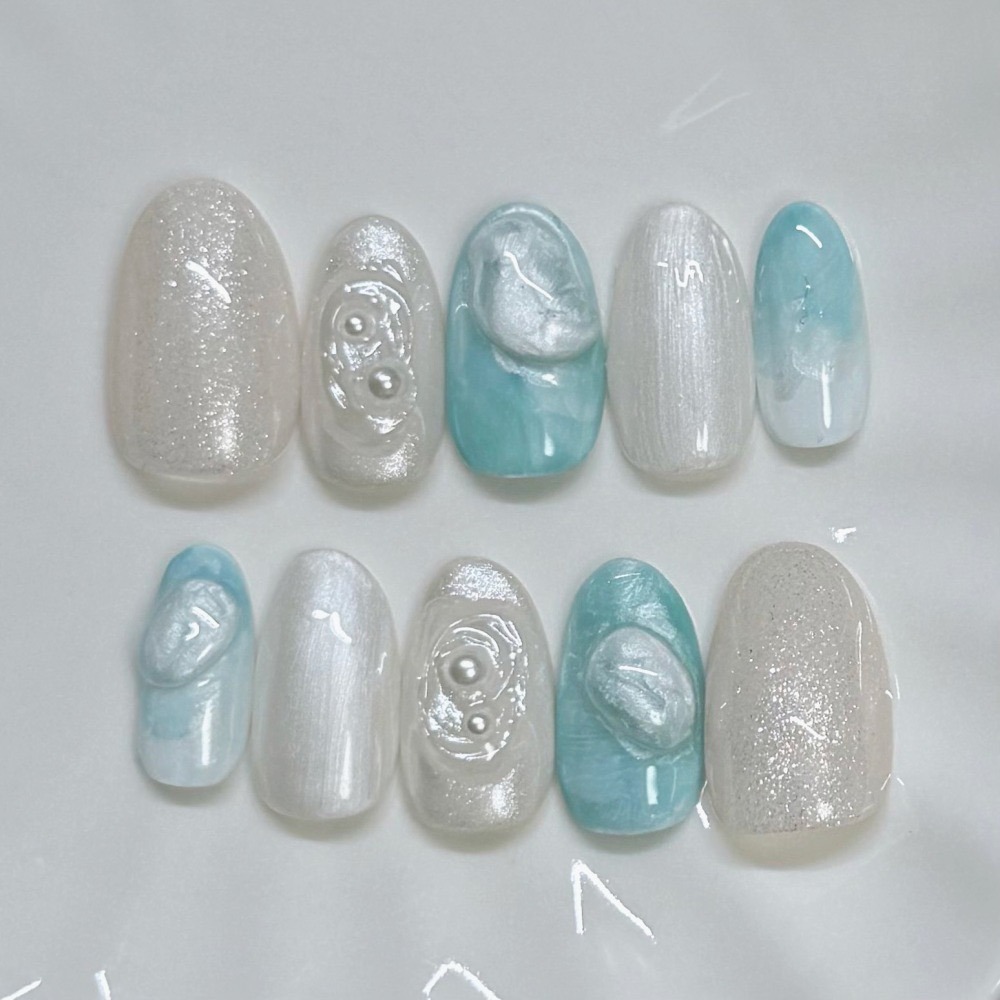 No.001丨湖底珍珠【暈染丨珍珠丨立體造型丨藍色系丨綠色系】手工穿戴甲-細節圖2