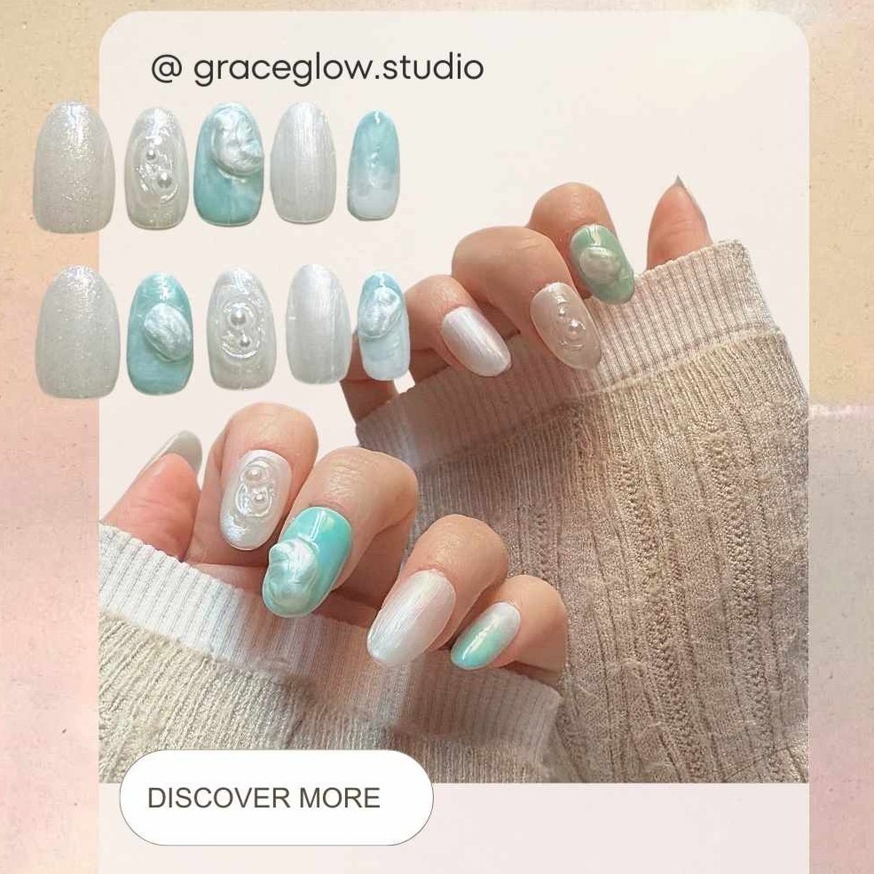 No.001丨湖底珍珠【暈染丨珍珠丨立體造型丨藍色系丨綠色系】手工穿戴甲-細節圖3