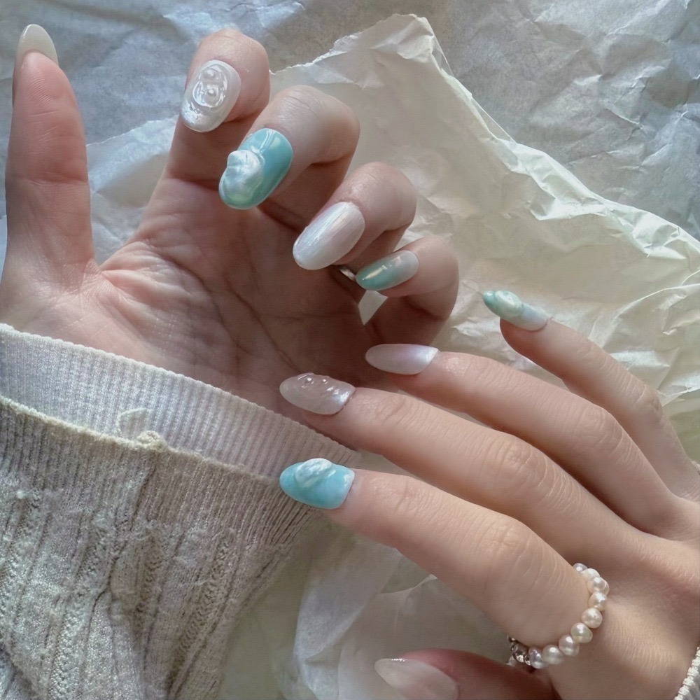 No.001丨湖底珍珠【暈染丨珍珠丨立體造型丨藍色系丨綠色系】手工穿戴甲-細節圖4