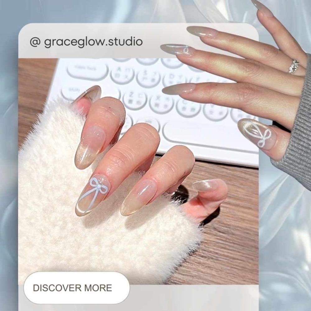 No.003丨微醺藍絲帶 Ribbon Drunk【清透感丨手繪丨貓眼丨裸色系丨ClearGirl】手工穿戴甲-細節圖2