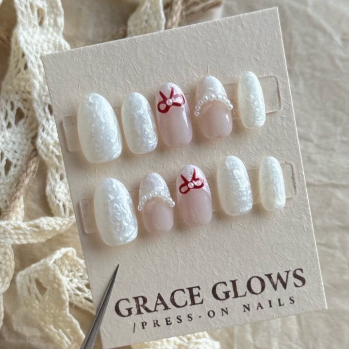 NO.005丨珍妮小姐 【珍珠丨法式丨氣質丨白色系丨蝴蝶結】手工穿戴甲-細節圖2