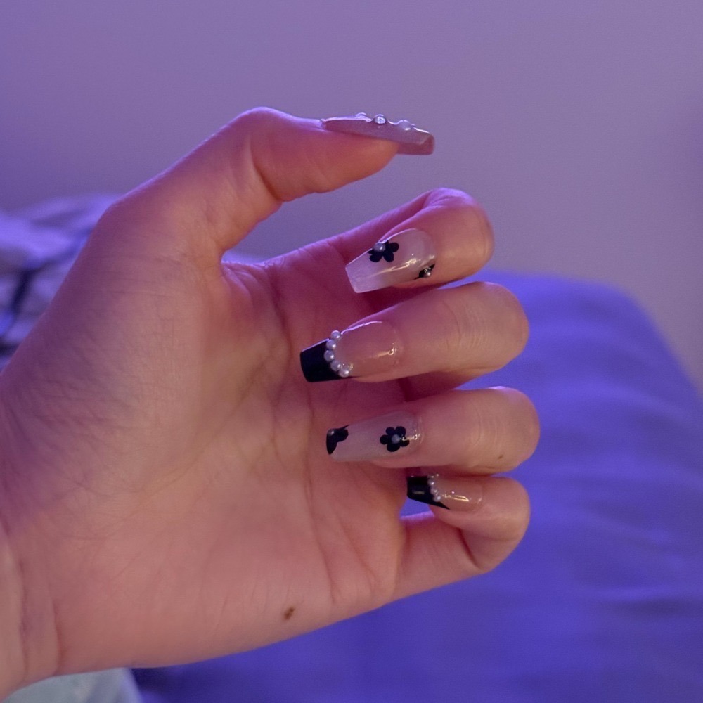 No.009丨花黑噴【珍珠丨法式丨貓眼丨黑色系】手工穿戴甲-細節圖2