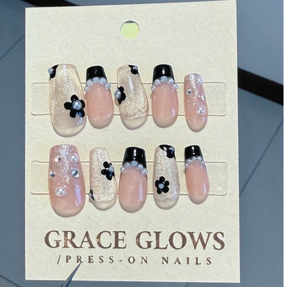 No.009丨花黑噴【珍珠丨法式丨貓眼丨黑色系】手工穿戴甲-細節圖3