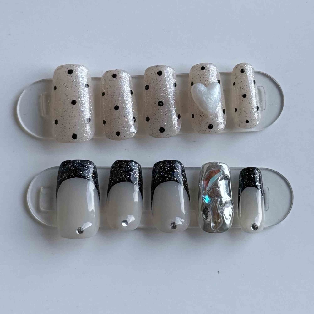 No.018【氣質丨碎鑽丨鑽丨立體造型丨法式丨鏡面丨黑色系丨白色系丨愛心丨波點】手工穿戴甲-細節圖3