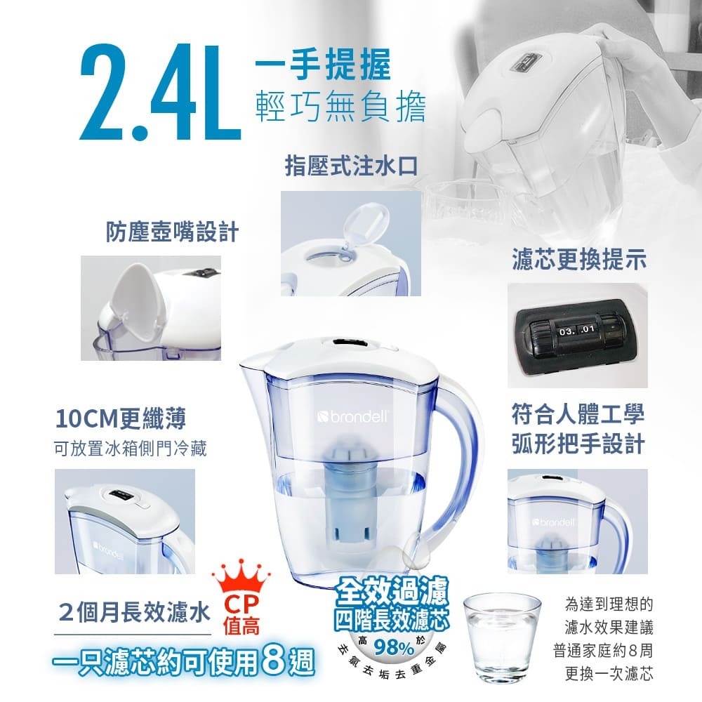 【美國邦特爾】brondell H2O+濾水壺（白）＋1入芯(1壺1芯)-細節圖9