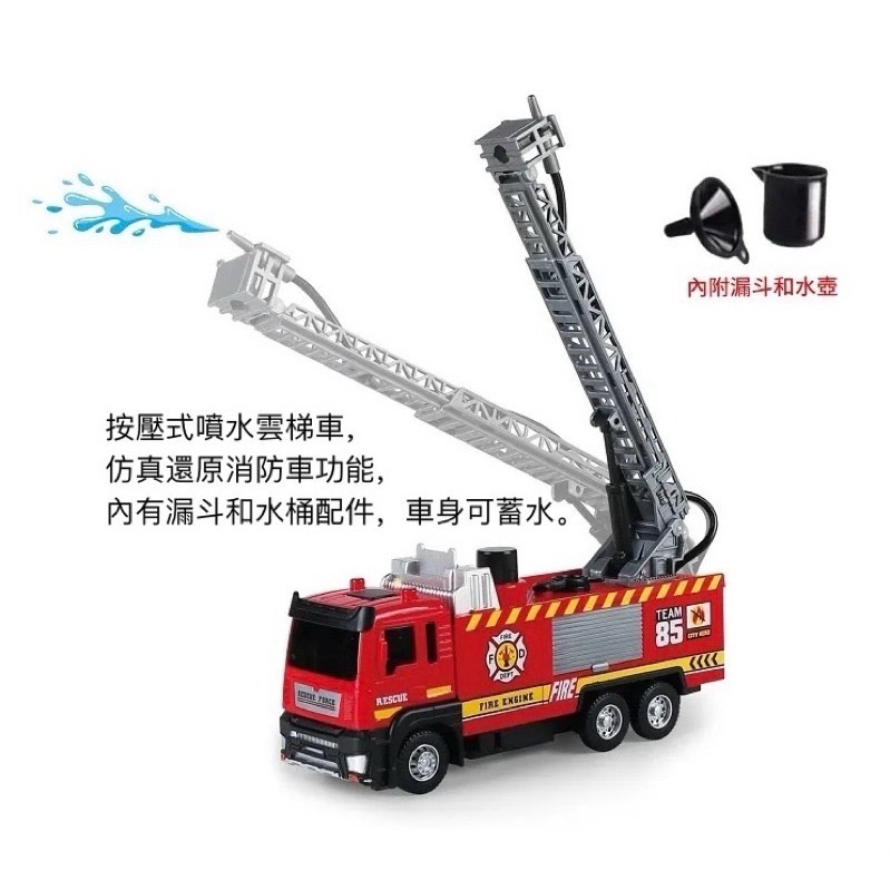 【童話工坊】高仿真聲光迴力車系列-噴水雲梯車、消防雲梯車、消防車噴水車、水泥攪拌車、工程吊車、挖土機 聲光迴力車多款-細節圖4