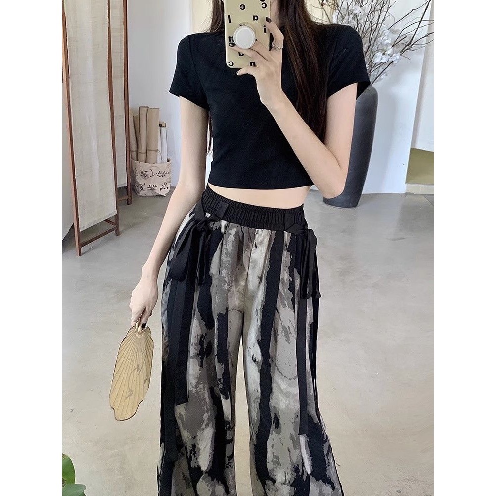 闆闆推薦款👍 高腰 鬆緊 水墨畫漾 闊腿 寬褲 薄款。單一款-細節圖2