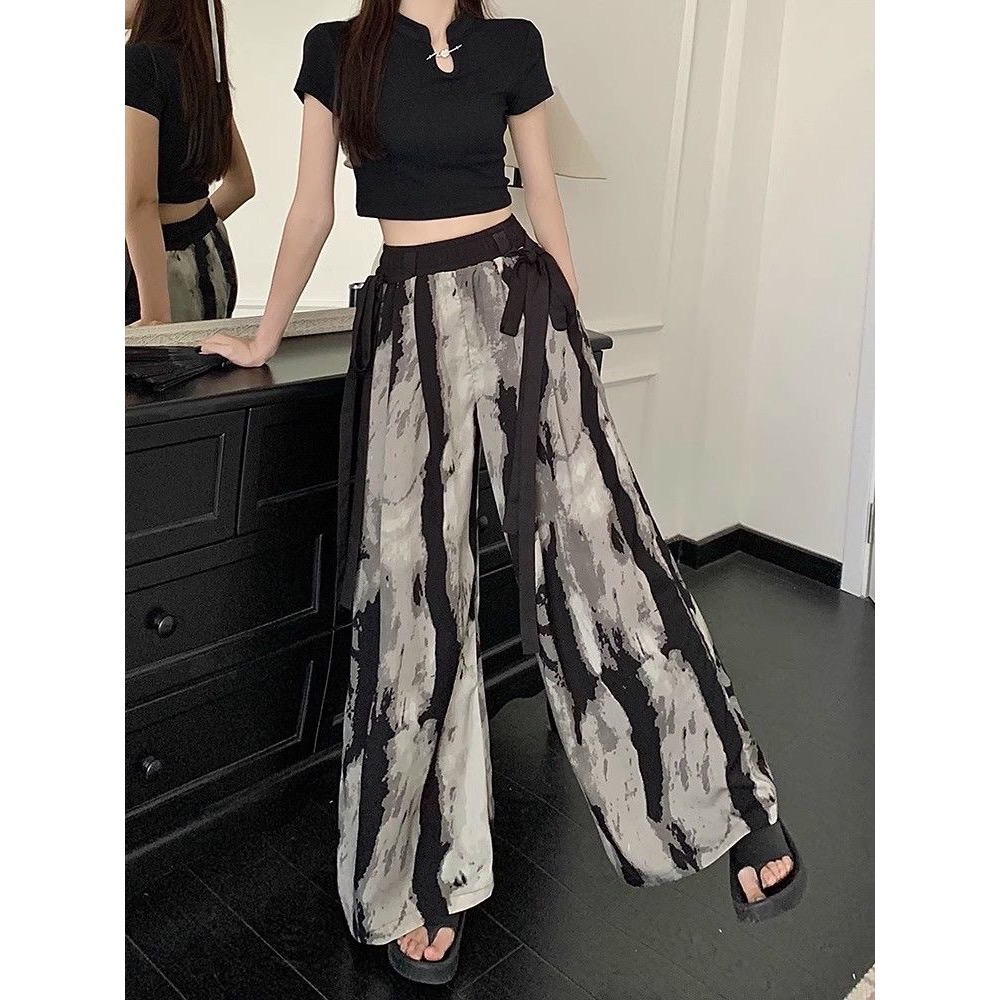 闆闆推薦款👍 高腰 鬆緊 水墨畫漾 闊腿 寬褲 薄款。單一款-細節圖3