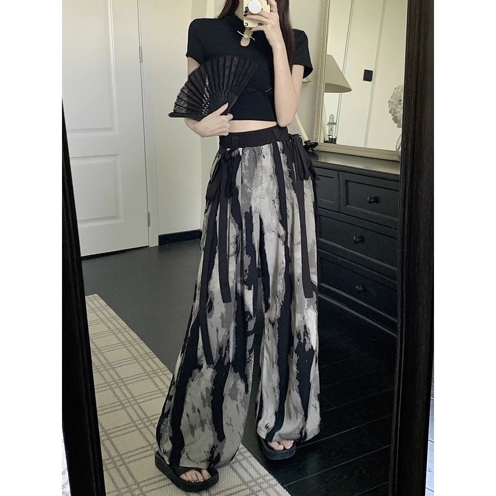 闆闆推薦款👍 高腰 鬆緊 水墨畫漾 闊腿 寬褲 薄款。單一款-細節圖4