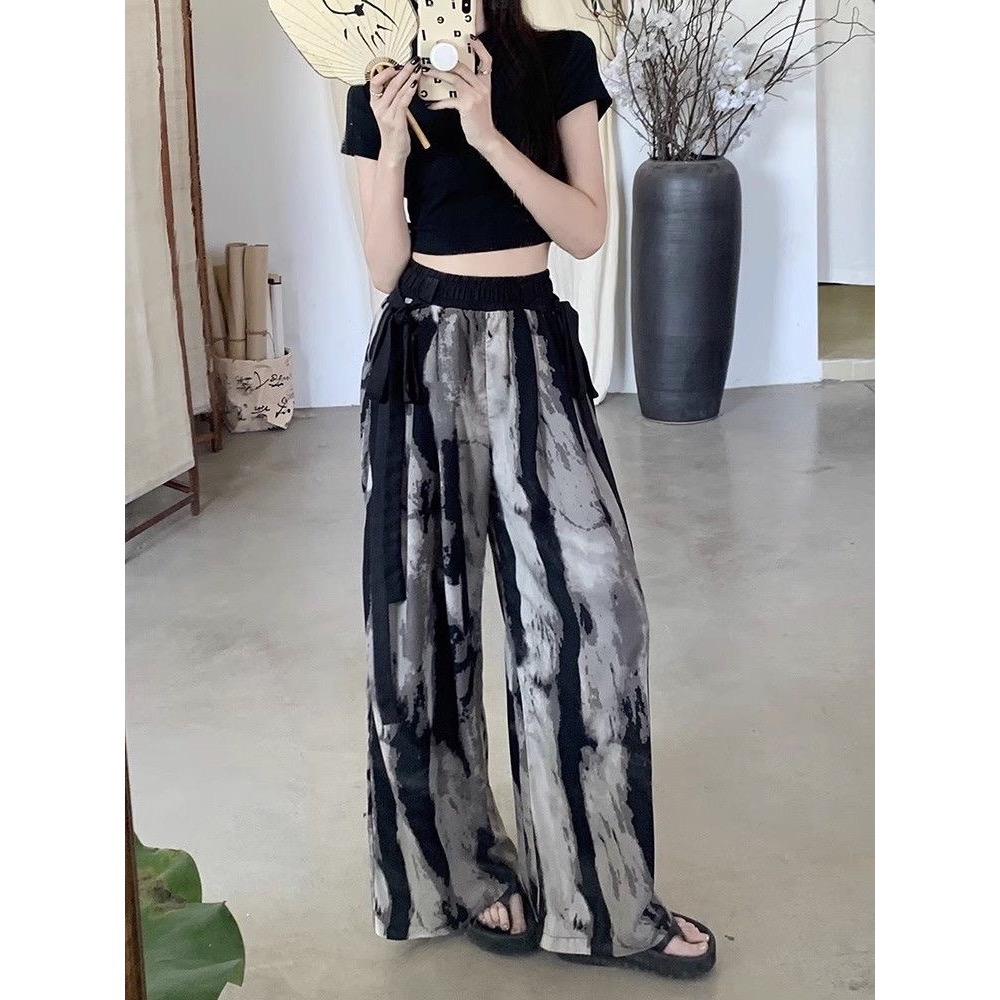 闆闆推薦款👍 高腰 鬆緊 水墨畫漾 闊腿 寬褲 薄款。單一款-細節圖5