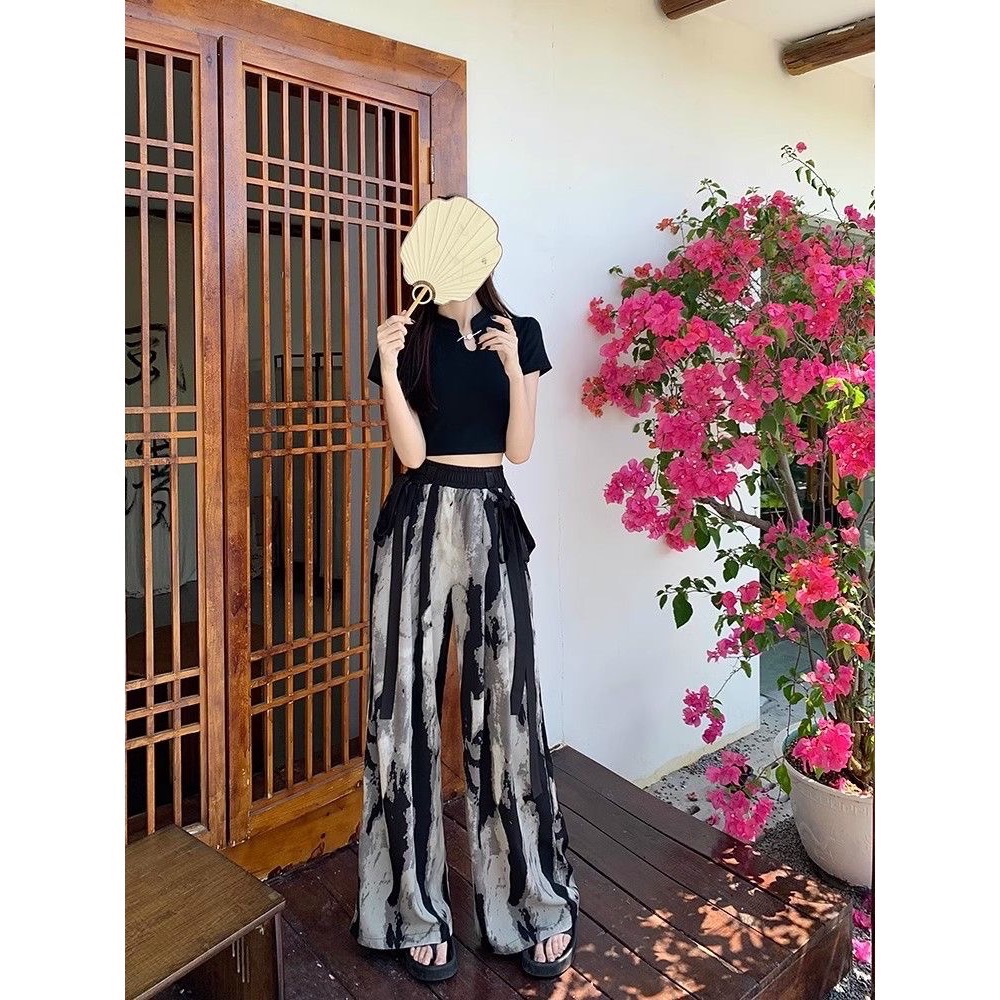 闆闆推薦款👍 高腰 鬆緊 水墨畫漾 闊腿 寬褲 薄款。單一款-細節圖7