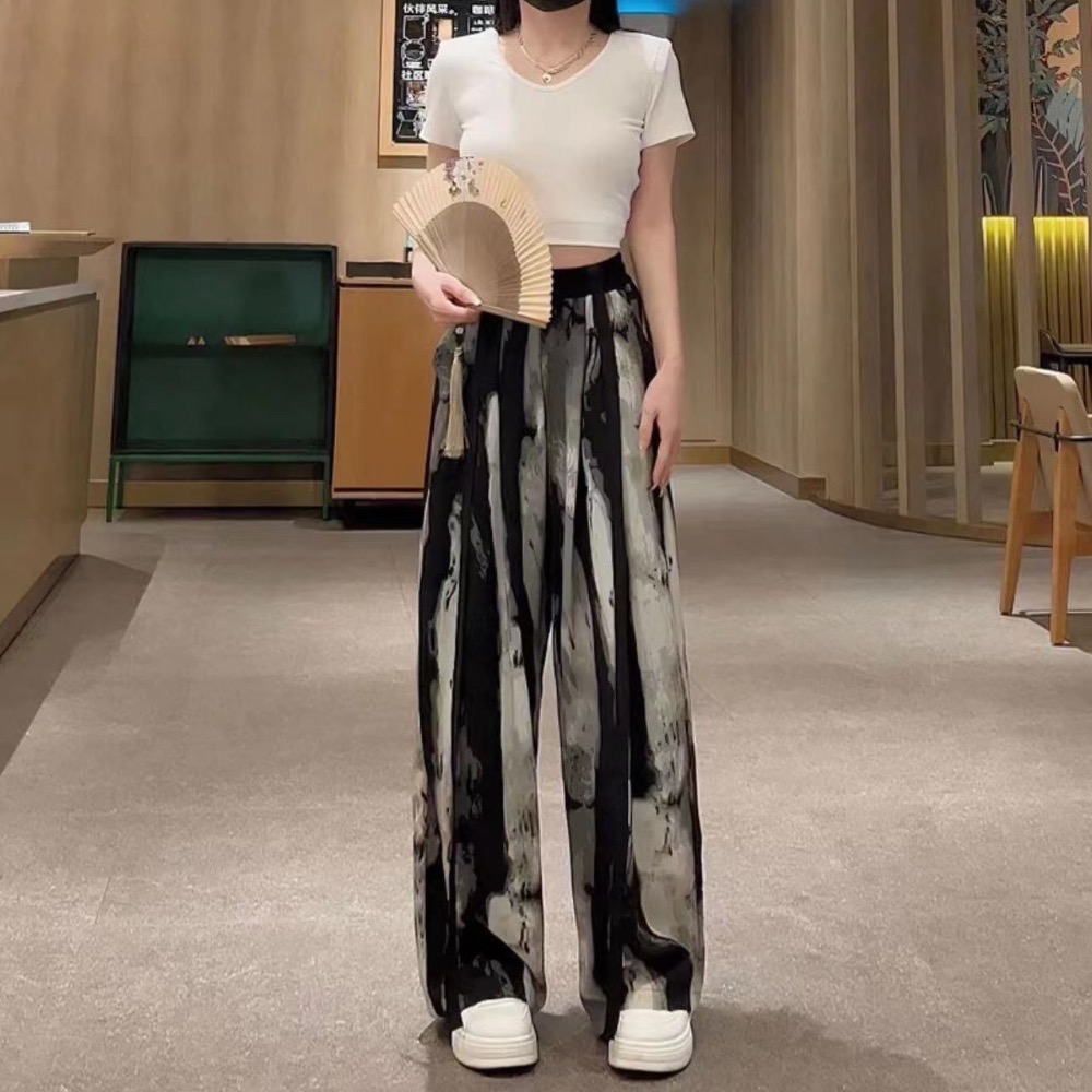 闆闆推薦款👍 高腰 鬆緊 水墨畫漾 闊腿 寬褲 薄款。單一款-細節圖8