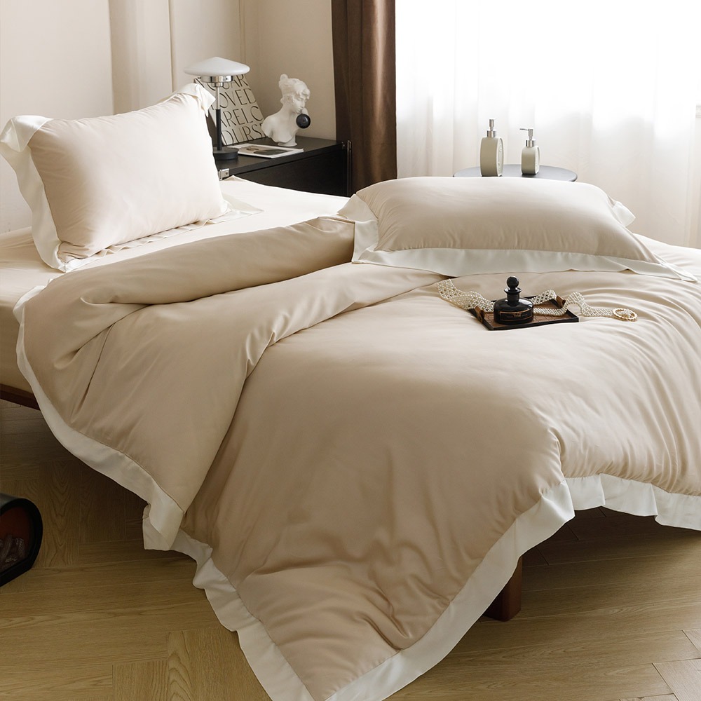 【金大器】頂級法式拼接100sTENCEL 天絲床包四件組 床寢 兩用被 專櫃床包 枕套 萊賽爾纖維 100支天絲-規格圖1