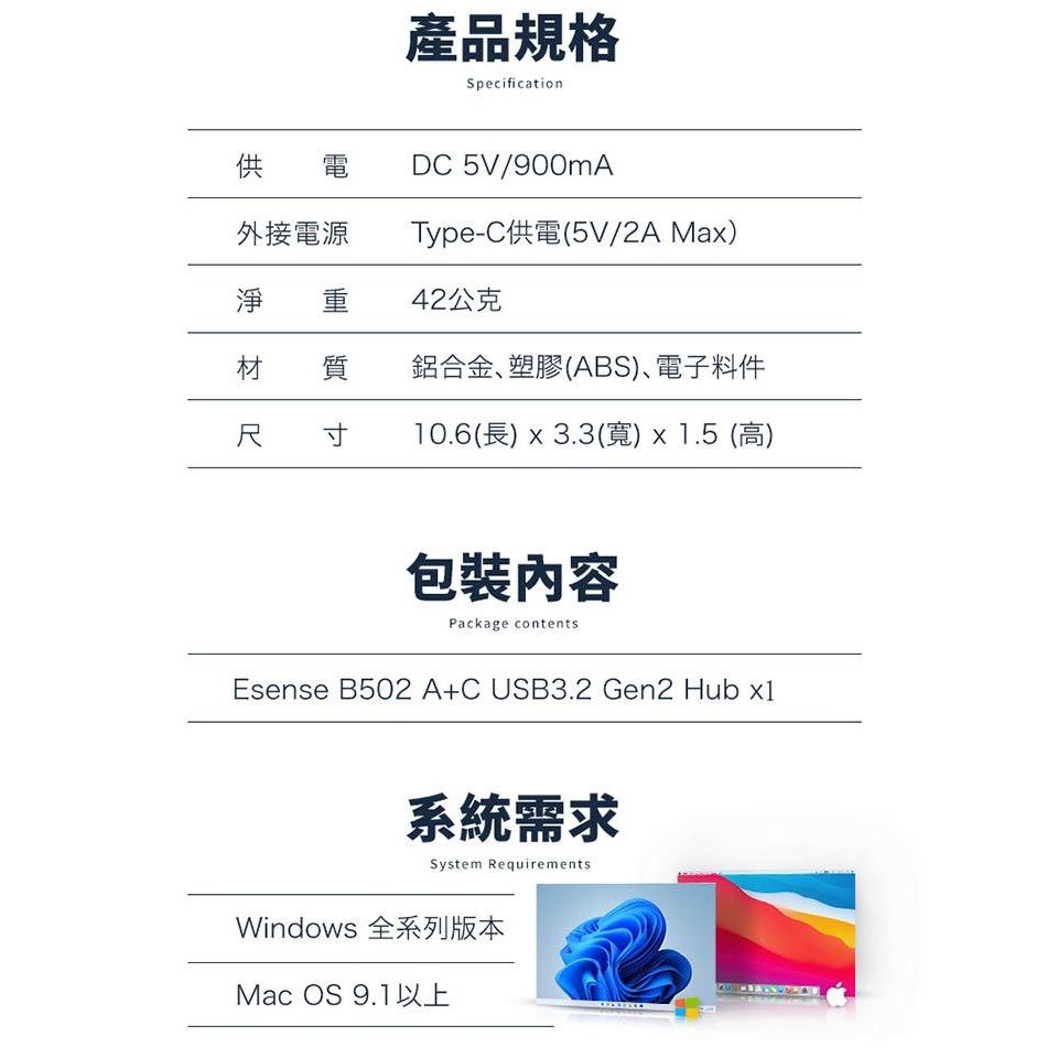 eSENSE 逸盛 B502 A+C USB3.2 Gen2 Hub 01-EHB502TA 集線器 擴充 保固一年-細節圖7