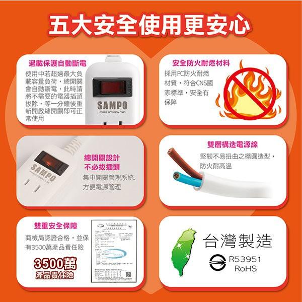 SAMPO 聲寶 一開四插轉接電源線組 EL-W14T9 /  EL-W14T6 延長線 過載保護 雙層結構 9尺/6尺-細節圖4