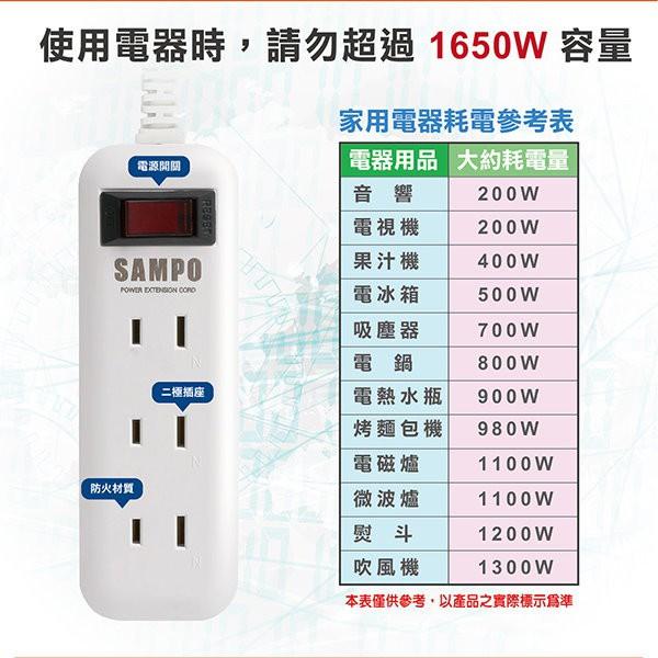 SAMPO 聲寶 一開三插轉接電源線組 EL-W13T9 /  EL-W13T6 延長線 過載保護 雙層結構 9尺/6尺-細節圖3