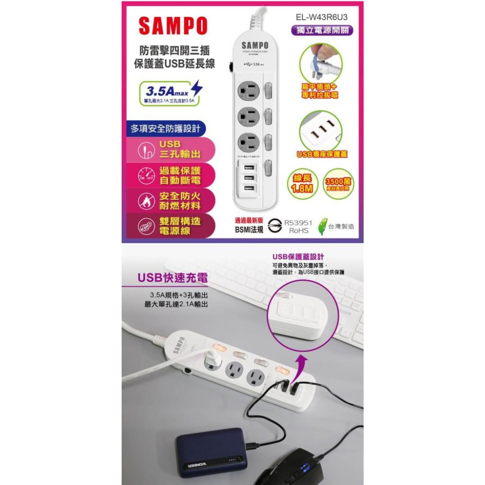 SAMPO 聲寶 防雷擊四開三插保護蓋USB延長線6尺 EL-W43R6U3 延長線 USB三孔 獨立開關設計-細節圖2