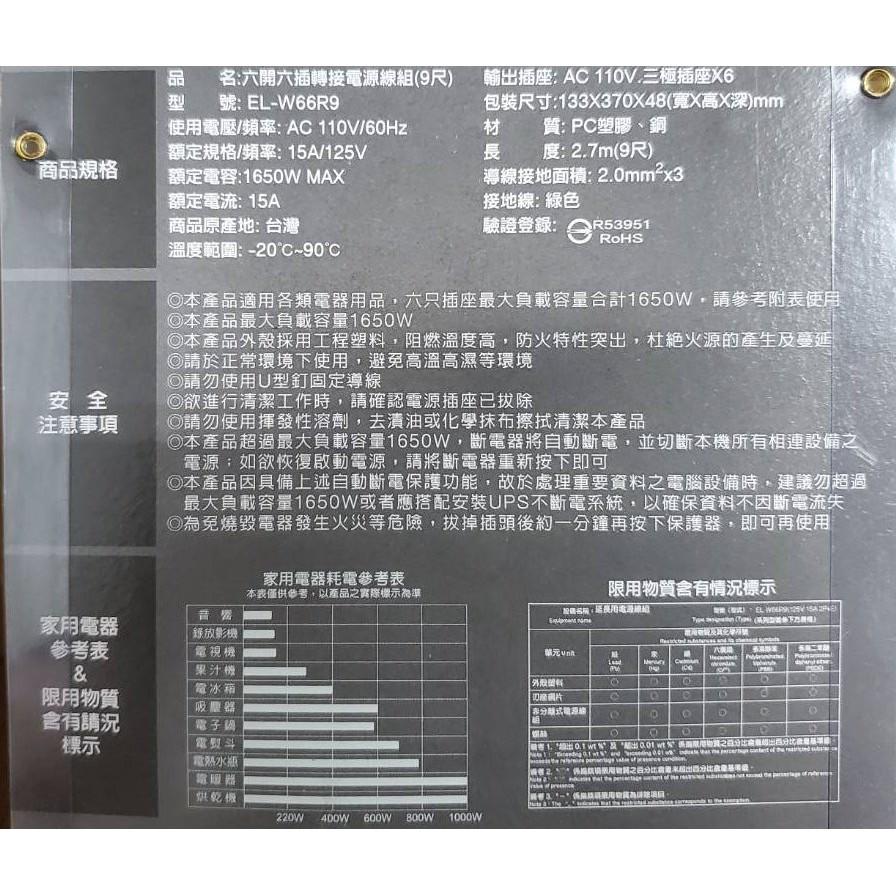 SAMPO 聲寶  六插六開轉接電源線組 延長線  EL-W66  6尺 9尺 12尺 獨立電源開關 安全防火材質-細節圖4