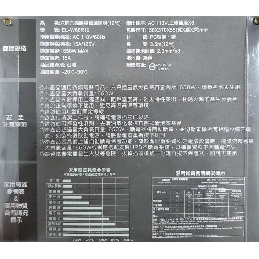 SAMPO 聲寶  六插六開轉接電源線組 延長線  EL-W66  6尺 9尺 12尺 獨立電源開關 安全防火材質-細節圖5