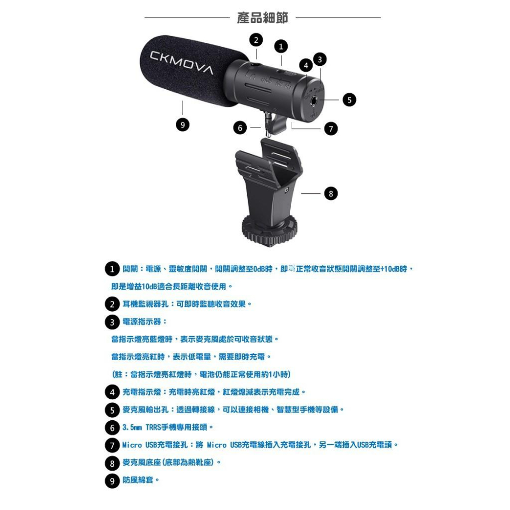 CKMOVA 全向電容式相機麥克風 VCM3 PRO 適用相機 攝影機 行動裝置 附防風綿套 毛套 公司貨 免運-細節圖3