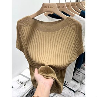 超涼感冰絲針織上衣 | 抖音爆款 | 寬鬆修身顯瘦短袖 | 冰絲針織羅文 | 2025新款-細節圖2