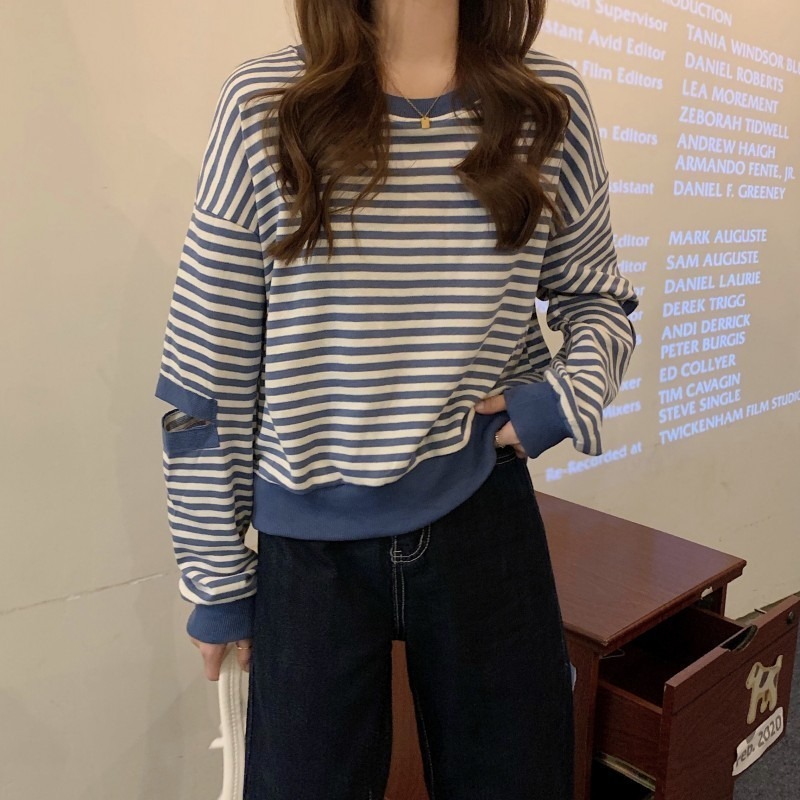 女款時尚條紋魚鱗布薄款衛衣-A0757-規格圖8