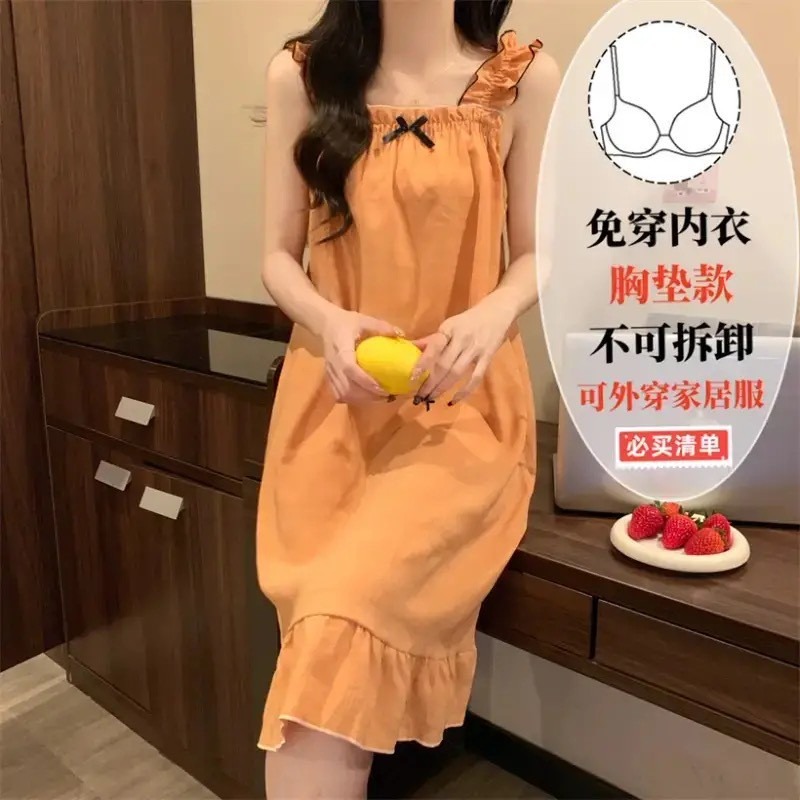 甜美荷葉邊帶胸墊吊帶睡裙-A2273-規格圖2