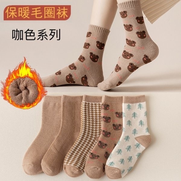 女款秋冬加絨毛圈襪5雙入-F0193-規格圖3