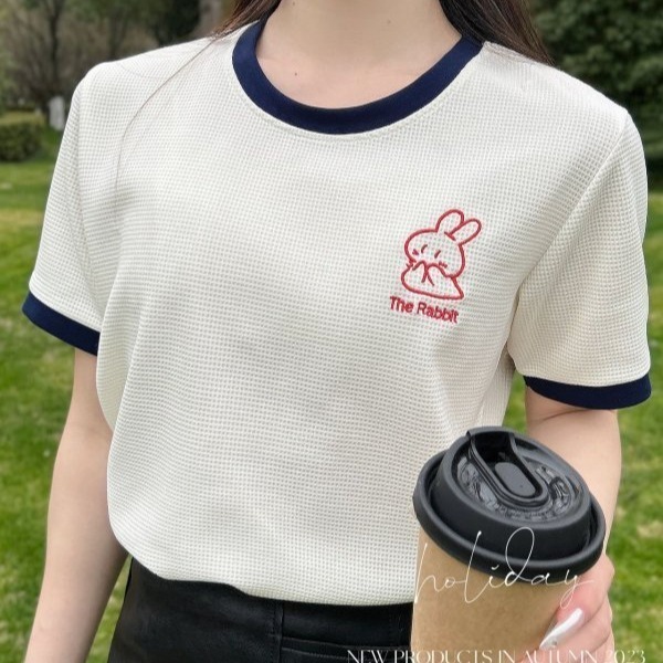 【現貨】U41-華夫格圓領撞色短袖-細節圖7