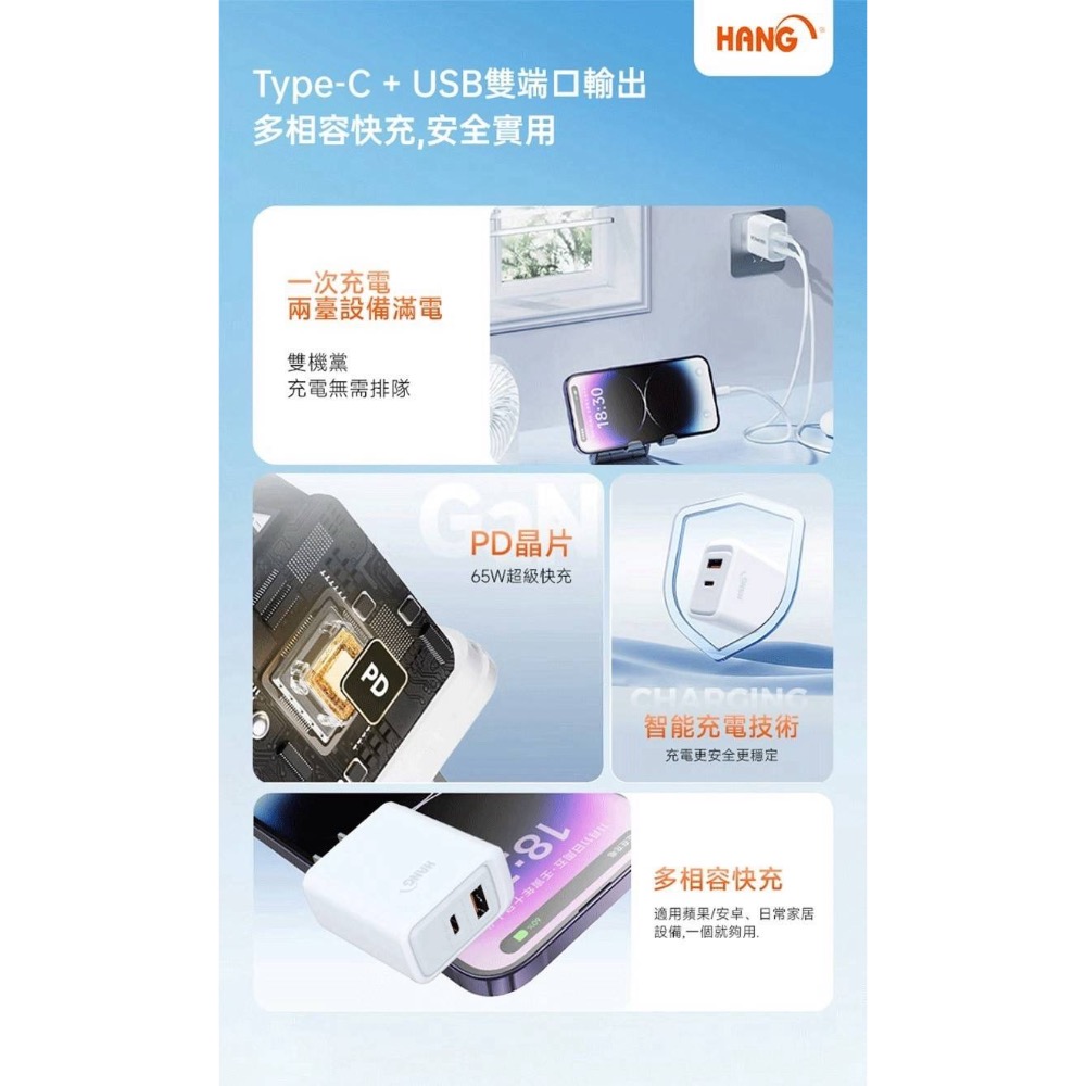 HANG 台灣認證 C35 PD + QC氮化鎵 黑科技 1A1C 65W 旅充頭 支援iPhone 17 適用各型號-細節圖3