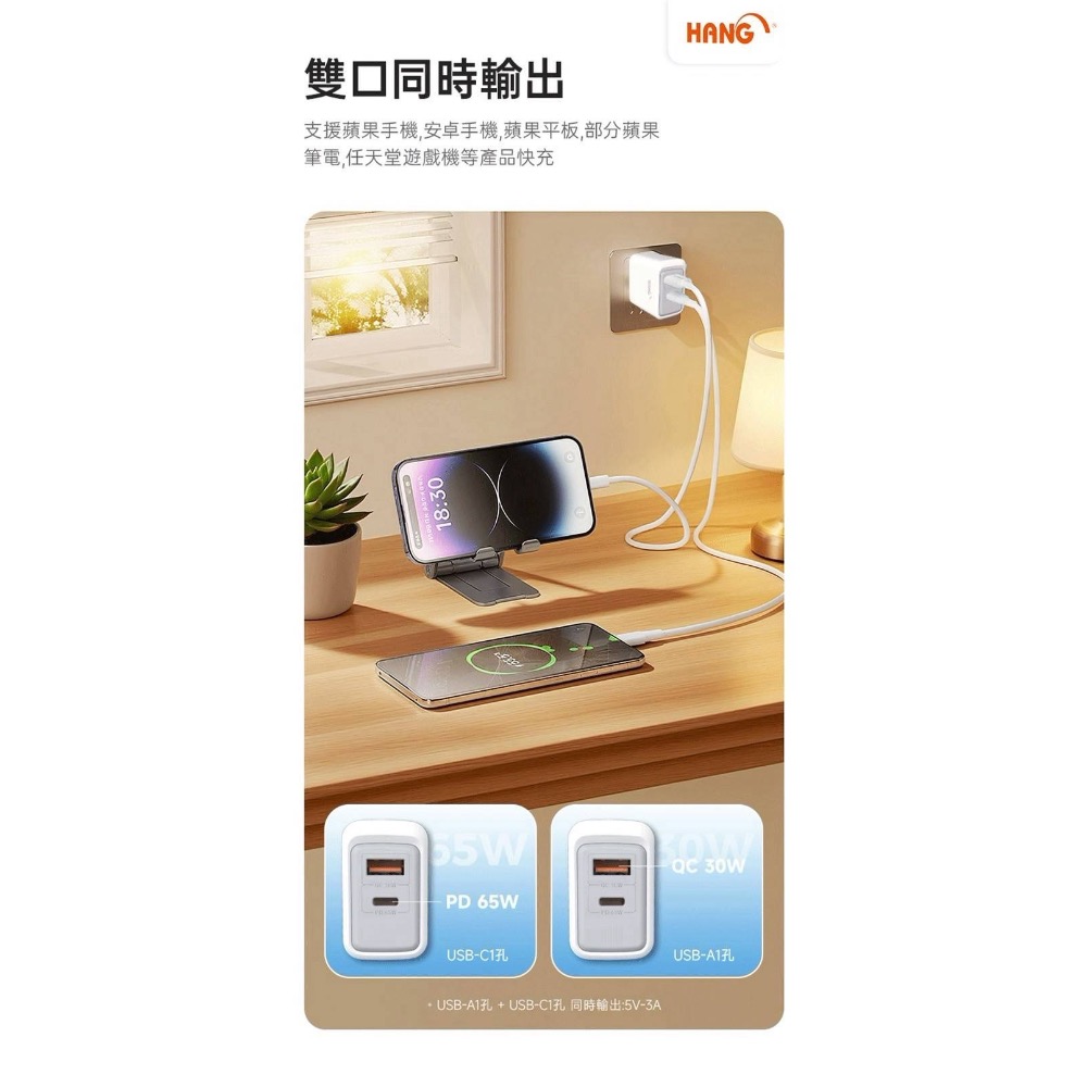 HANG 台灣認證 C35 PD + QC氮化鎵 黑科技 1A1C 65W 旅充頭 支援iPhone 17 適用各型號-細節圖4