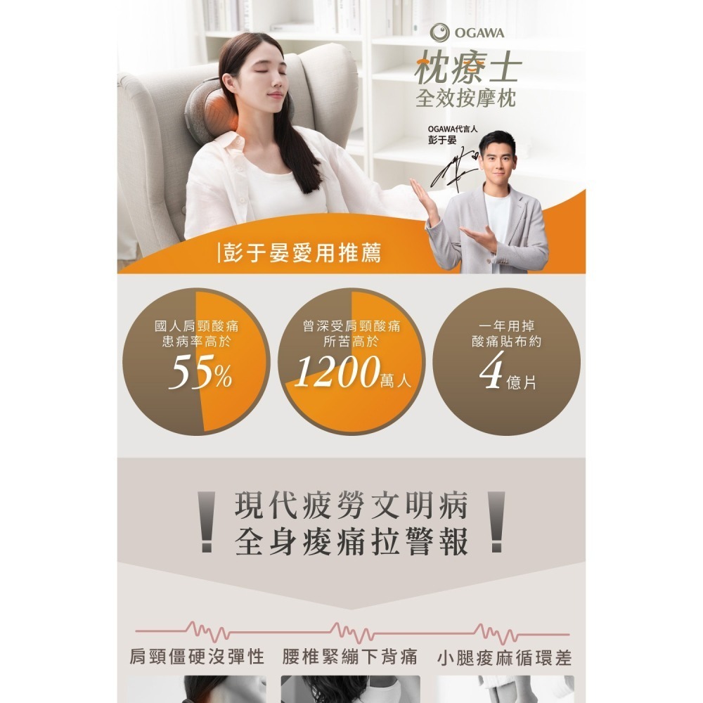 OGAWA 全效多功能按摩枕OL-1388  灰    (枕療士、熱敷、按摩腰、人體工學、充電、無線使用)-細節圖2