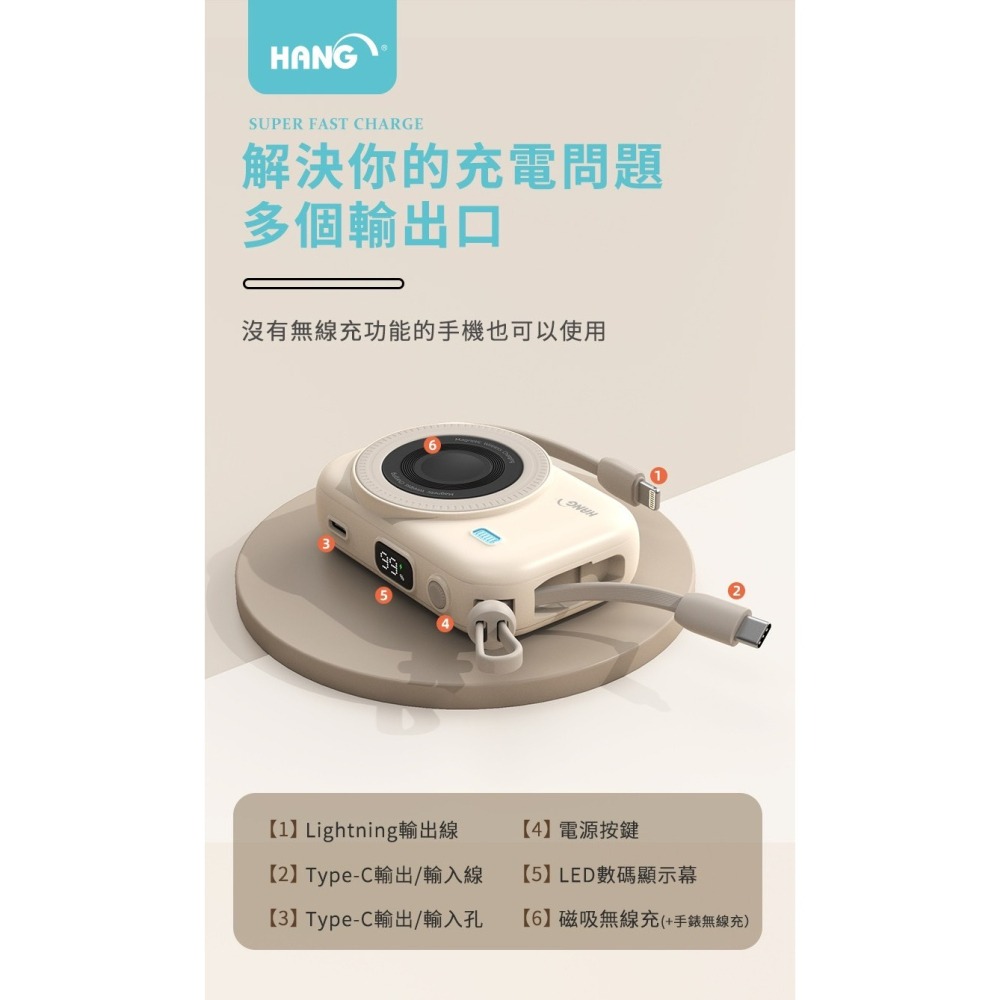 HANG 無線磁吸行動電源 10000mAh 自帶雙線 22.5W 標示WH  BSMI 認證 八合一無線磁吸充電寶-細節圖4