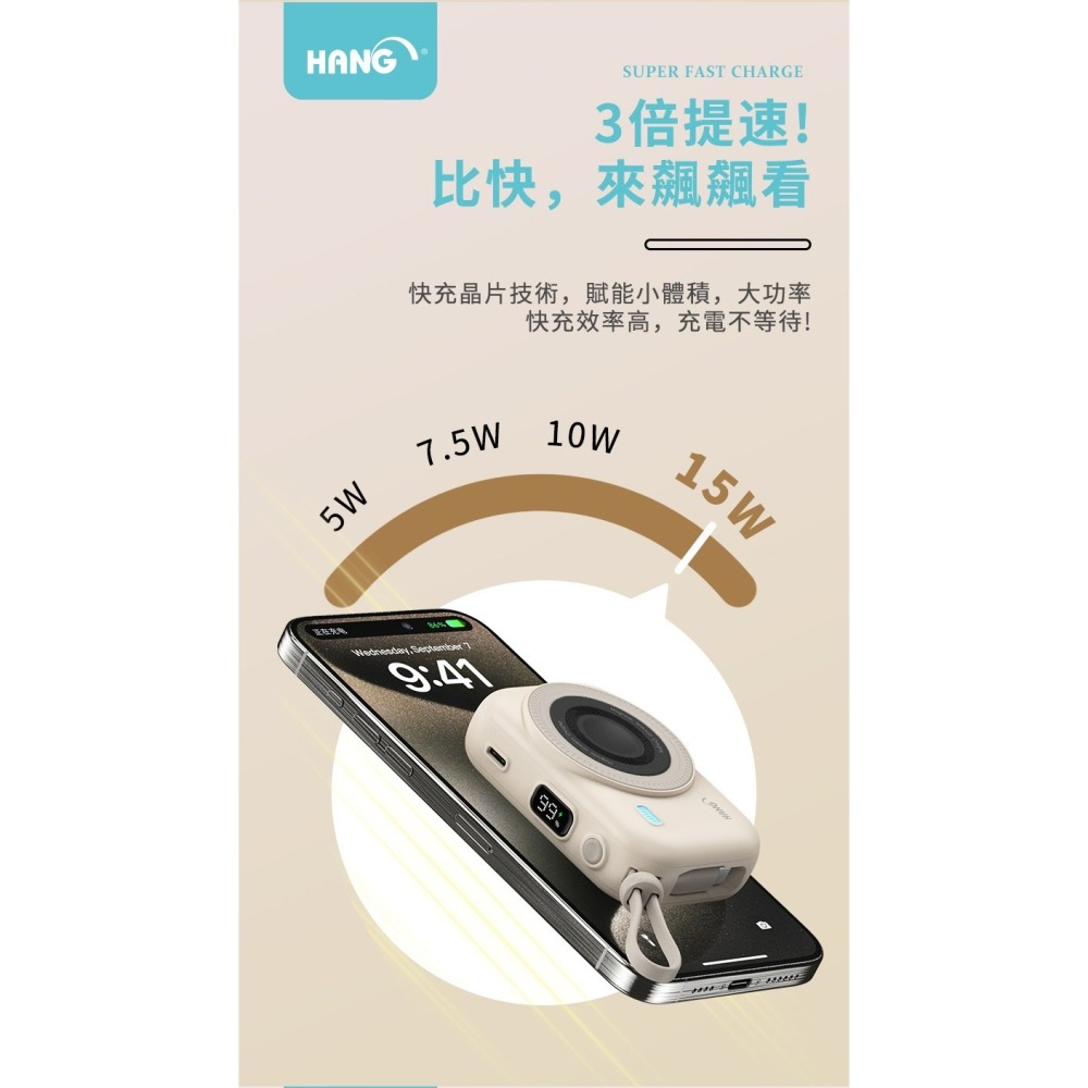 HANG 無線磁吸行動電源 10000mAh 自帶雙線 22.5W 標示WH  BSMI 認證 八合一無線磁吸充電寶-細節圖6