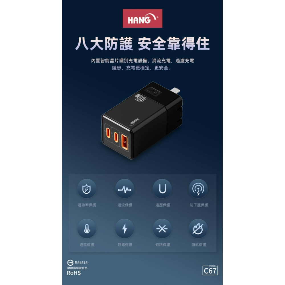HANG 充電頭 PD快充頭 豆腐頭 支援IPhone 15 / 16 氮化鎵 65W 台灣現貨 BSMI認證-細節圖4