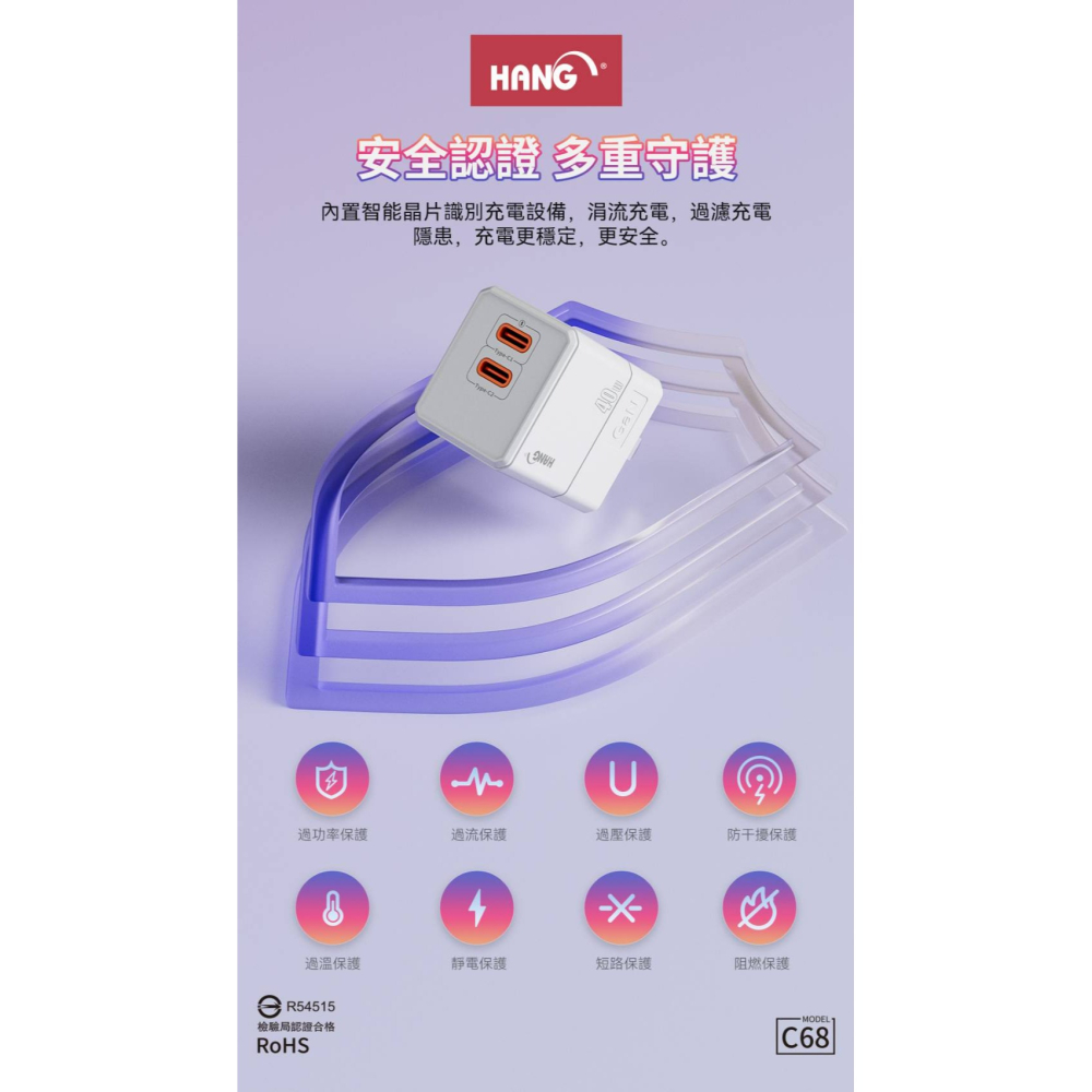 HANG C68 充電頭 PD快充頭  雙孔充電器 PD 快充 支援 iphone 15 氮化鎵 PD+QC 40W-細節圖3