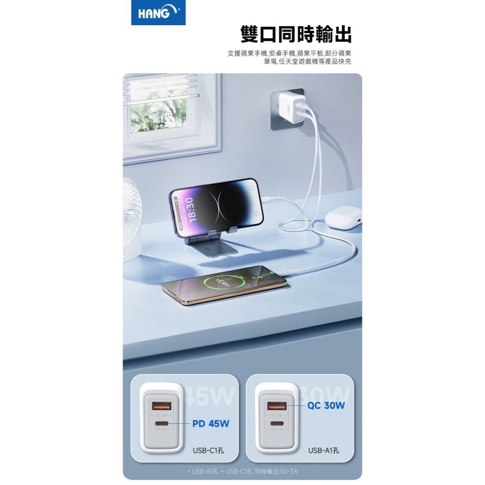 HANG  C34 充電頭 PD快充頭 1A1C 雙孔充電器 PD 快充 支援 iphone 15 氮化鎵  PD+QC-細節圖6