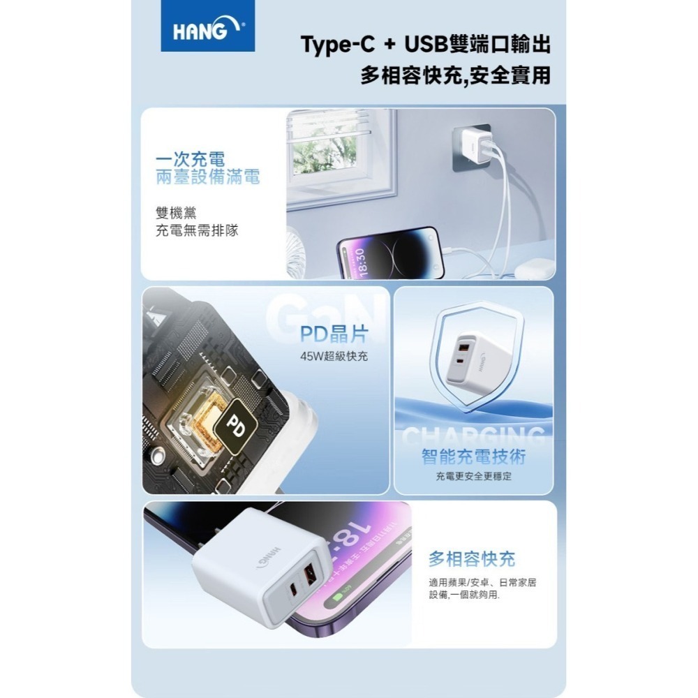 HANG  C34 充電頭 PD快充頭 1A1C 雙孔充電器 PD 快充 支援 iphone 15 氮化鎵  PD+QC-細節圖7