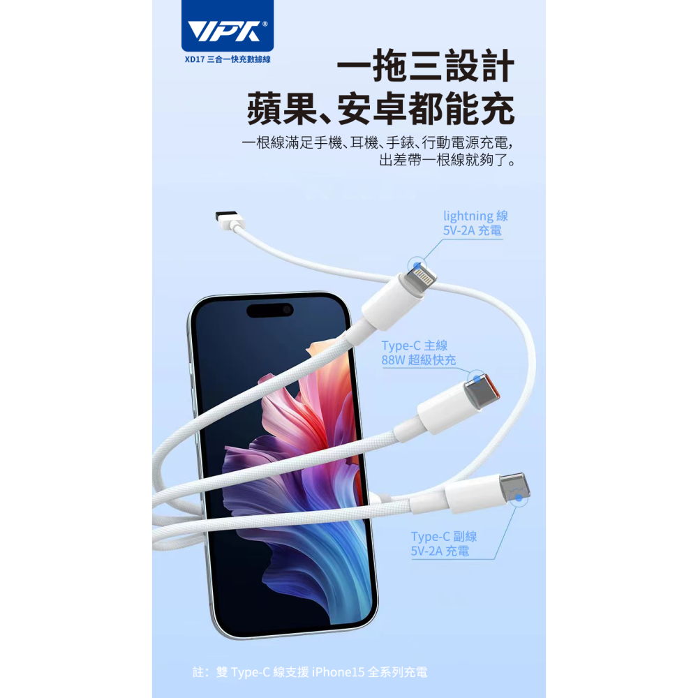 [ 台灣現貨  ]  HANG  XD17 一拖三88W超級快充數據線 PD 快充 支援 iphone 17-細節圖3