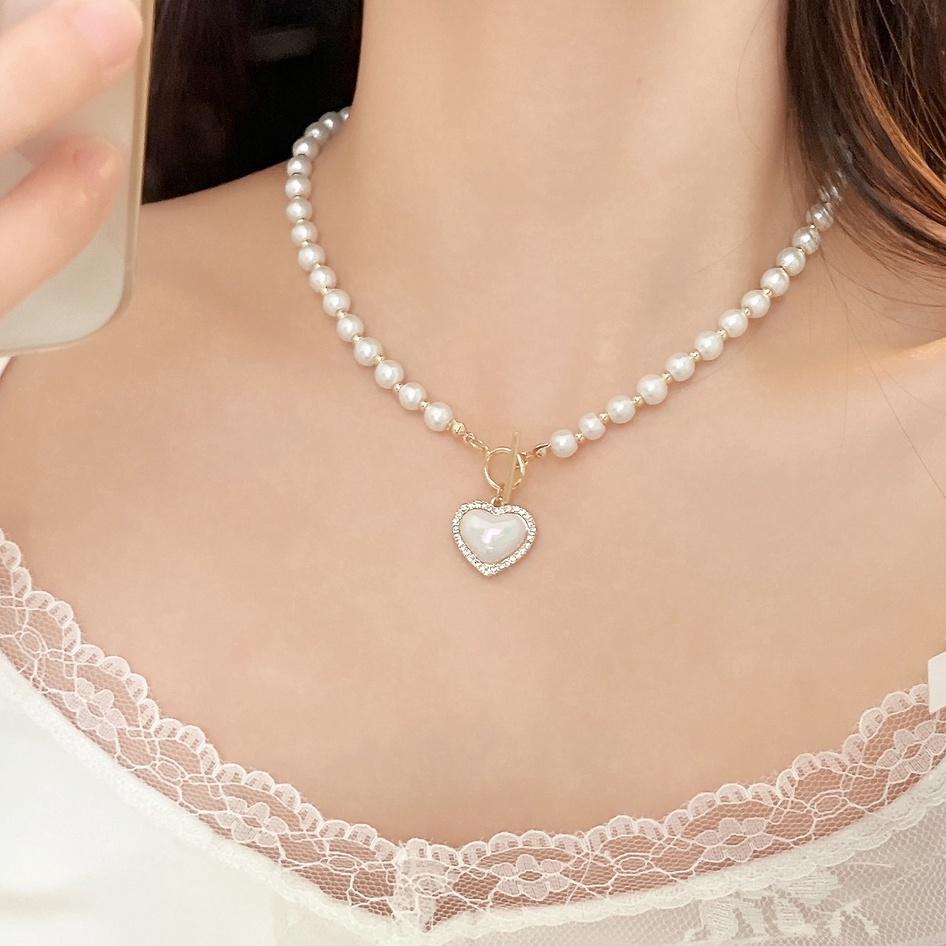 台灣現貨⚇項鍊⚇人魚姬幻彩珍珠愛心項鏈女新款鐳射設計感炫彩鎖骨鏈百搭頸鏈珍珠項鍊 Justlikepig就愛豬飾品🐷-細節圖3