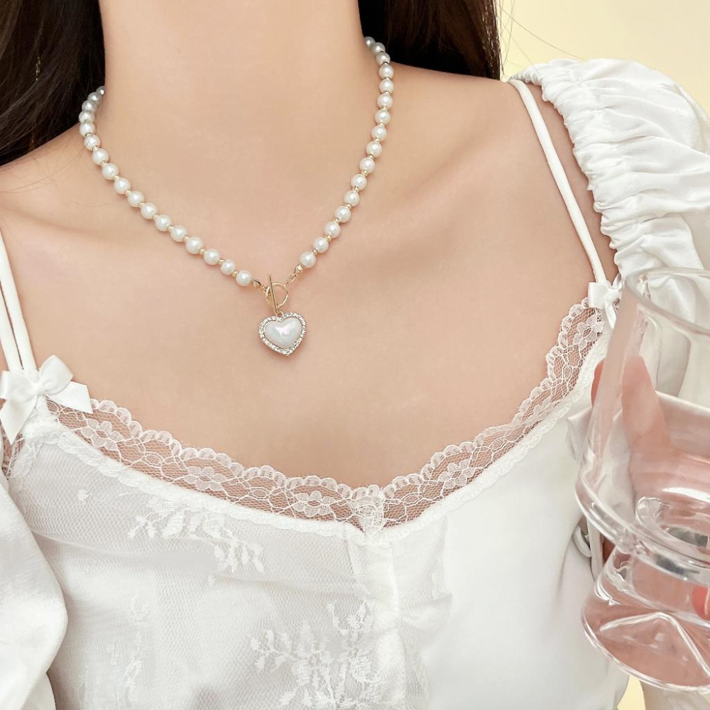 台灣現貨⚇項鍊⚇人魚姬幻彩珍珠愛心項鏈女新款鐳射設計感炫彩鎖骨鏈百搭頸鏈珍珠項鍊 Justlikepig就愛豬飾品🐷-細節圖4