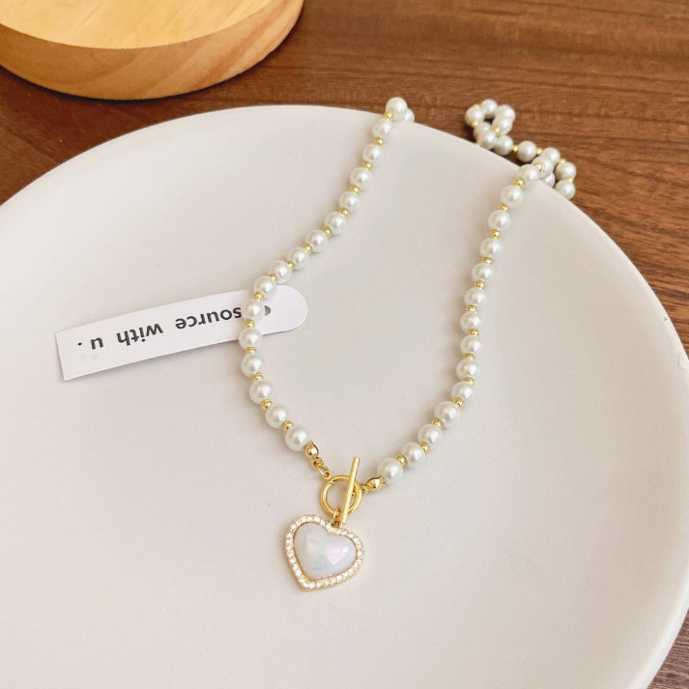 台灣現貨⚇項鍊⚇人魚姬幻彩珍珠愛心項鏈女新款鐳射設計感炫彩鎖骨鏈百搭頸鏈珍珠項鍊 Justlikepig就愛豬飾品🐷-細節圖5