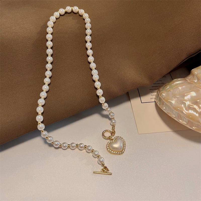 台灣現貨⚇項鍊⚇人魚姬幻彩珍珠愛心項鏈女新款鐳射設計感炫彩鎖骨鏈百搭頸鏈珍珠項鍊 Justlikepig就愛豬飾品🐷-細節圖6