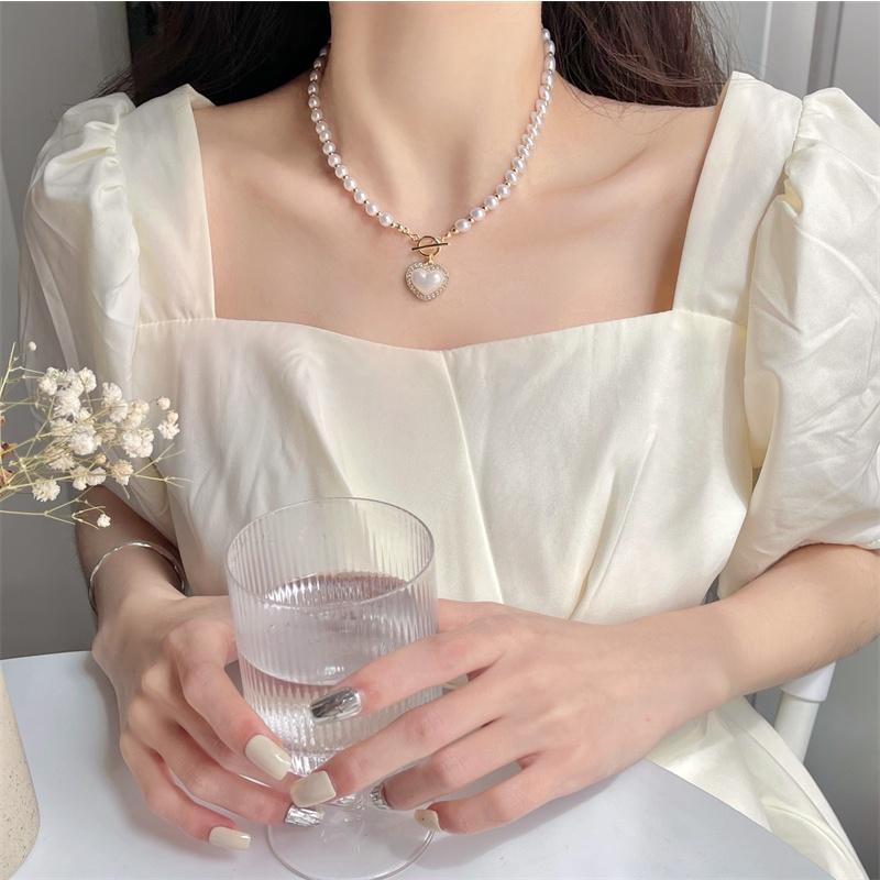 台灣現貨⚇項鍊⚇人魚姬幻彩珍珠愛心項鏈女新款鐳射設計感炫彩鎖骨鏈百搭頸鏈珍珠項鍊 Justlikepig就愛豬飾品🐷-細節圖7