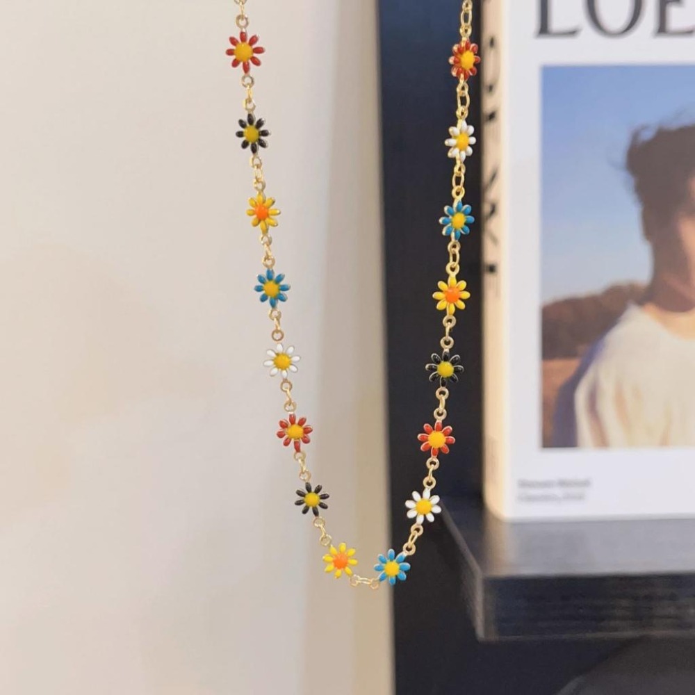 台灣現貨⚇手鍊⚇項鍊⚇彩色女清新雛菊花朵手鏈頸鏈ins風撞色設計鎖骨鏈  Justlikepig就愛豬飾品🐷-細節圖5