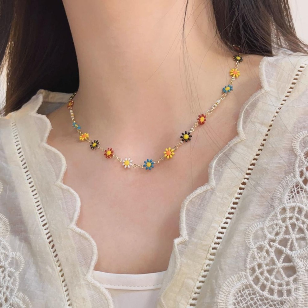台灣現貨⚇手鍊⚇項鍊⚇彩色女清新雛菊花朵手鏈頸鏈ins風撞色設計鎖骨鏈  Justlikepig就愛豬飾品🐷-細節圖6