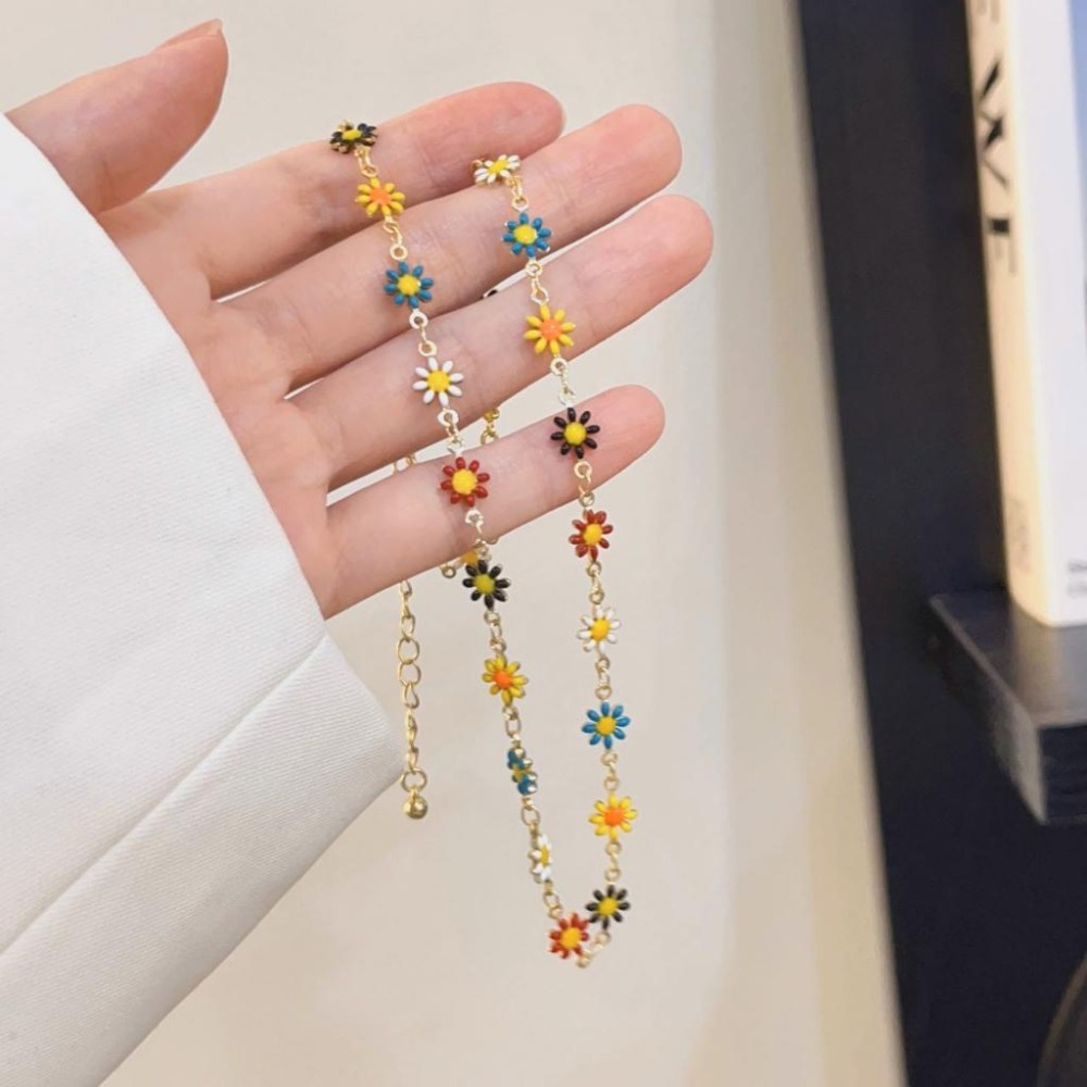 台灣現貨⚇手鍊⚇項鍊⚇彩色女清新雛菊花朵手鏈頸鏈ins風撞色設計鎖骨鏈  Justlikepig就愛豬飾品🐷-細節圖9