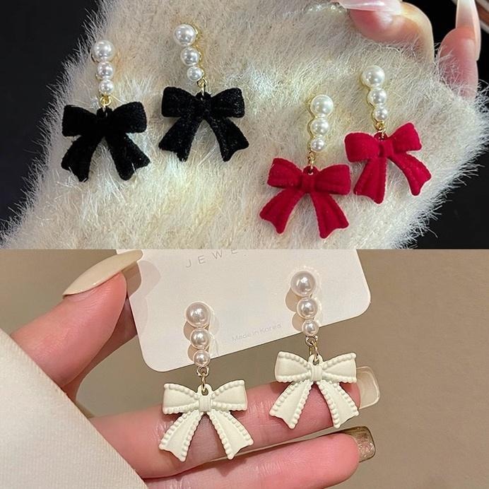 台灣現貨⚇925銀針⚇耳夾⚇奶白 珍珠蝴蝶結耳環新款黑色耳飾女無耳洞紅色植絨夾式白色耳環Justlikepig就愛豬飾品-細節圖7