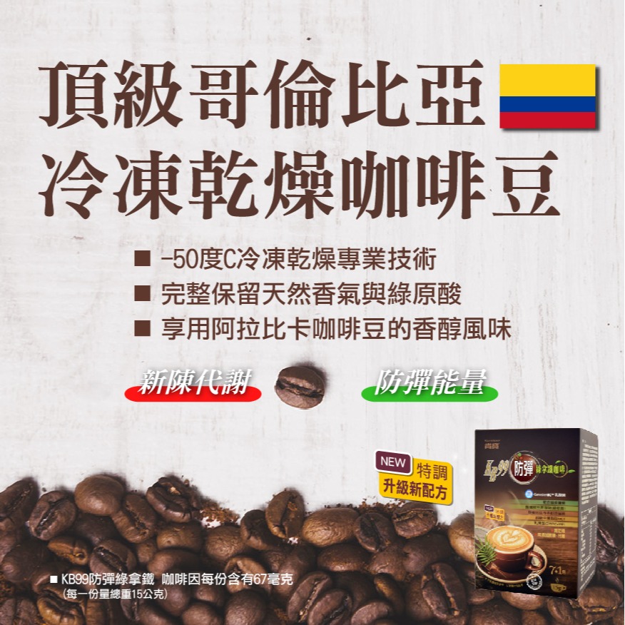 2包特價980~肯寶KB99 防彈綠拿鐵 24入量販包，原價1200~升級配方，不添加蔗糖、奶精，嚴選優質凍乾即溶咖啡-細節圖4
